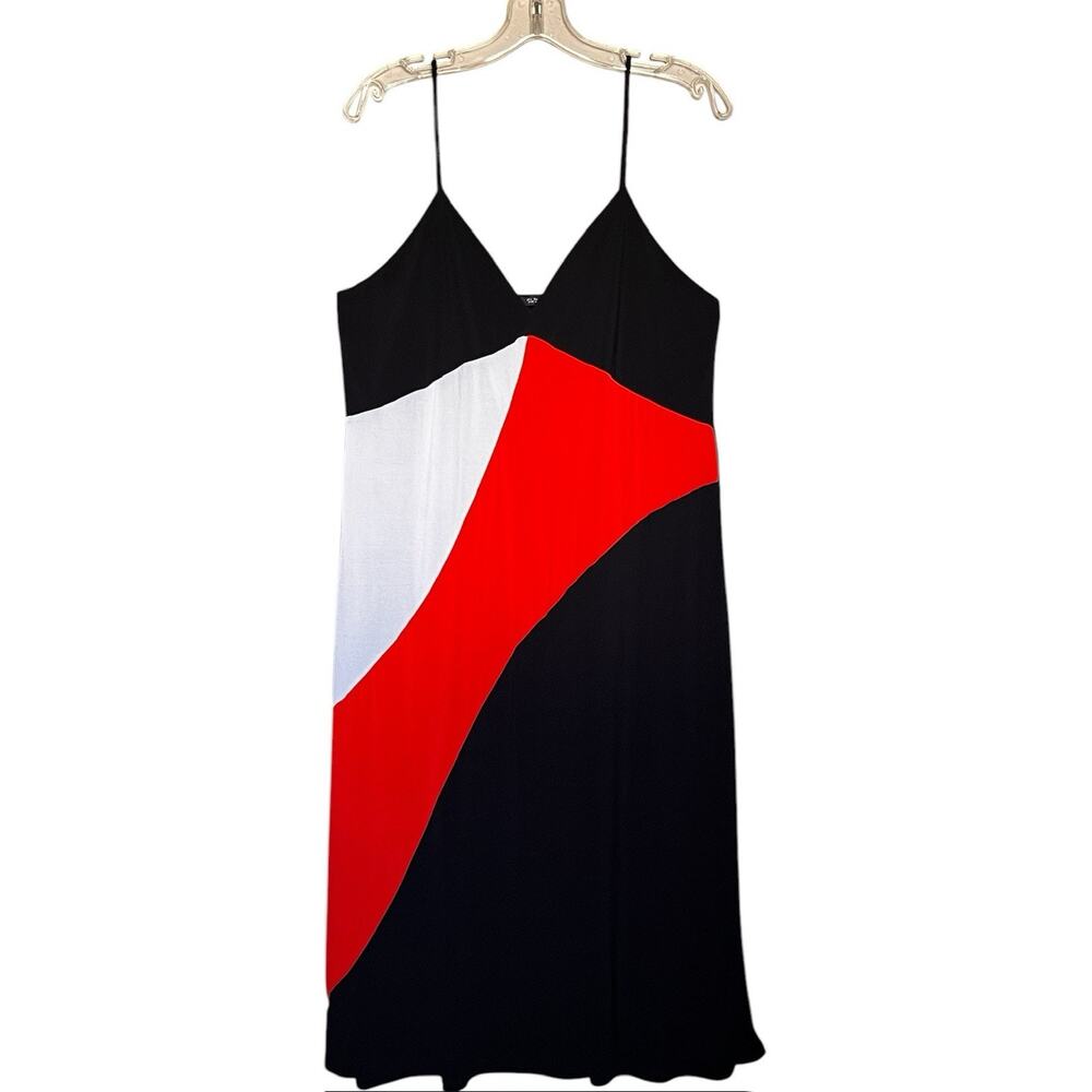 ZARA RED BLACK WHITE COLORBLOCK V NECK STRETCH MIDI DRESS L / LARGE